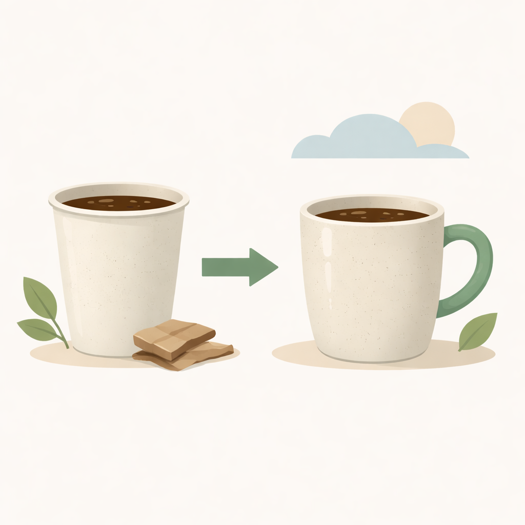 AI-illstrasjon. 
Bytte fra engangskopp til keramikkmugge