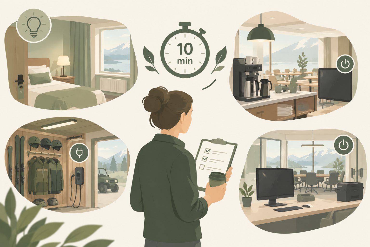 AI-illustrasjon som viser en medarbeider som gjennomfører en 10 minutters energirunde. Illustrasjonen viser hotellrom, kontor, møteområde og aktivitetslager med fokus på lys, elektrisk utstyr og energisparing.
