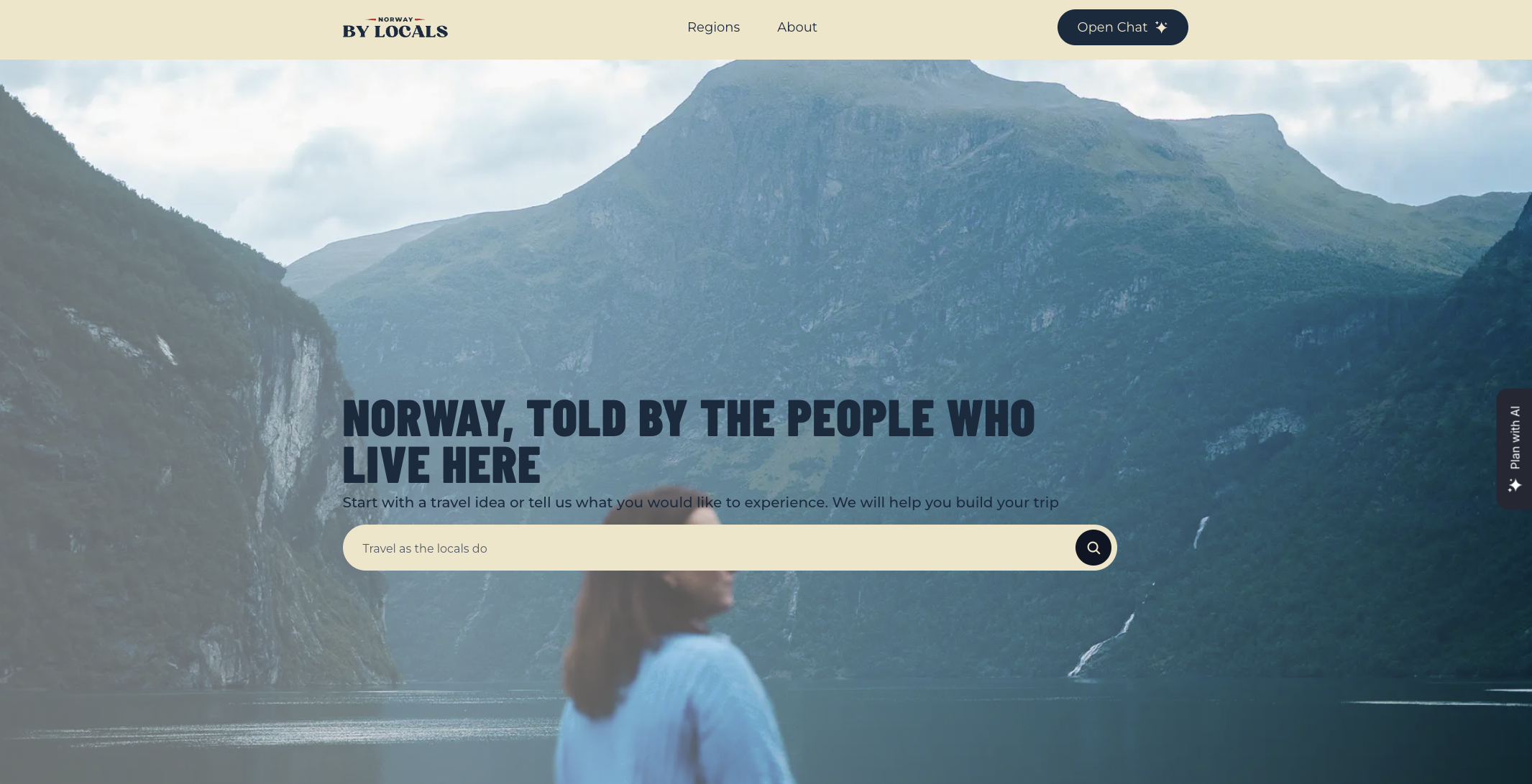 Forsiden til Norway by Locals med overskriften «Norway, told by the people who live here», over et bilde av en kvinne som ser utover en fjord med bratte fjell.